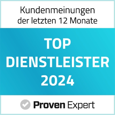 Badge with German text stating top service provider 2024 based on customer opinions from the last 12 months, verified by Proven Expert.