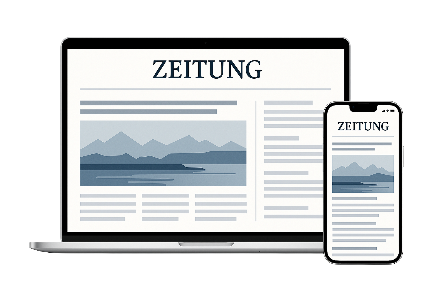 A laptop and smartphone displaying a digital newspaper with the title 'ZEITUNG' and a mountain landscape image.
